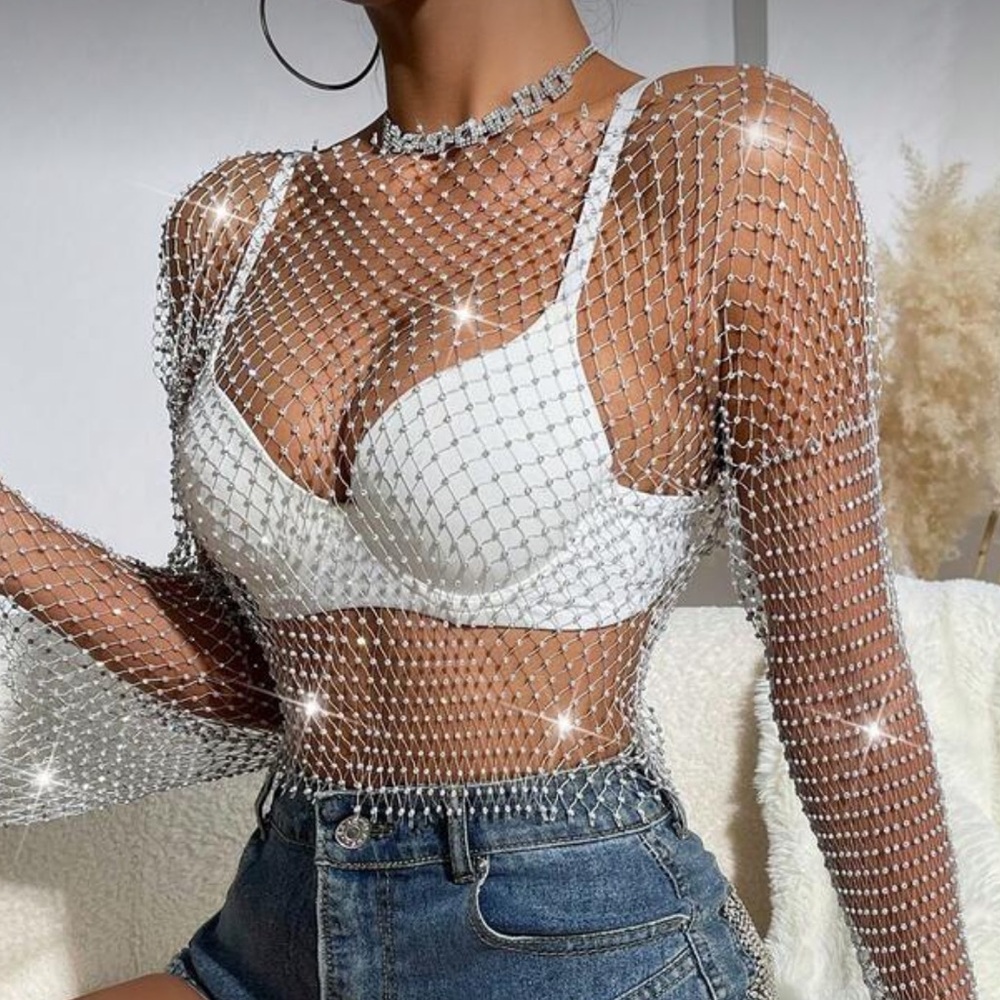 SHEIN Silver Rhinestone Mesh Long-Sleeve Crop Top
